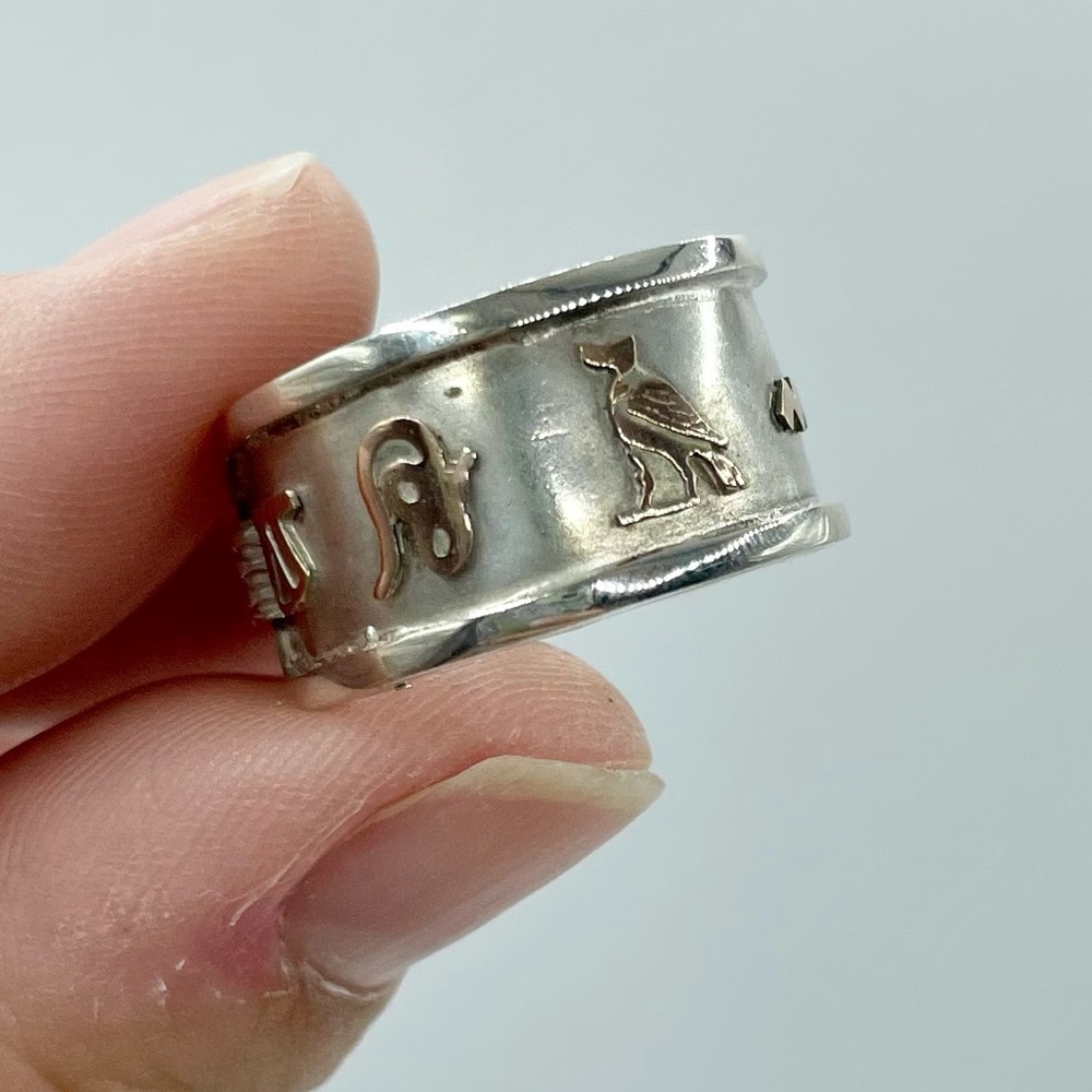 Vintage Sterling Silver 925 and Gold Cartouche Hieroglyphics Ring